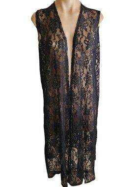 LuLaRoe Joy Lace Vest Black Long Layering Cardigan Sleeveless Size M
